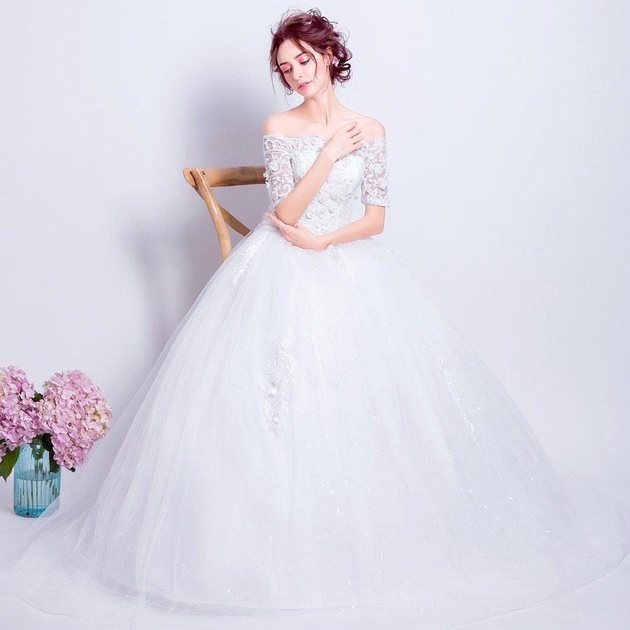 ウエディングドレス 結婚式 半袖 二次会 ウェディングドレス 安い プリンセス エンパイア 花嫁 ドレス 白 披露宴 ロングドレス ブライダル 姫系