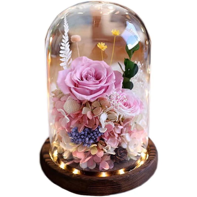 店舗良い バラ 可愛い プリザーブドフラワー ピンク ロマンティック ブリザードフラワー 木製ベース LEDライト付き ガラスドーム 花 薔薇 ローズ  プリザーブドフラワー