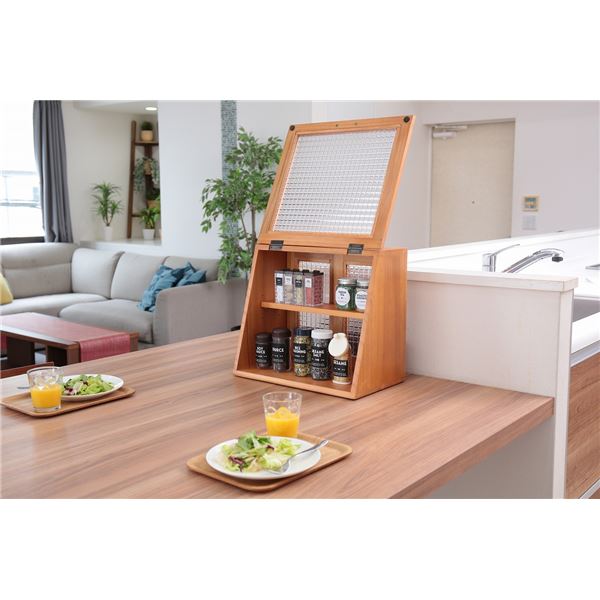 キッチンラック 約幅40x高さ35cm ライトブラウン 軽量 木製 可動棚 扉付 完成品