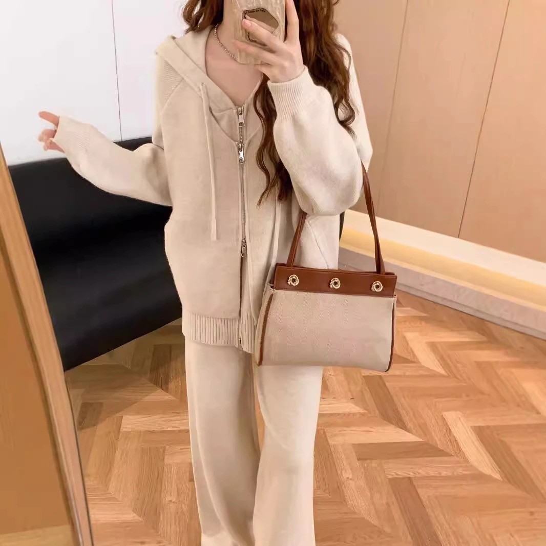 パンツロングパンツファッションカジュアル越境セーターセット女性秋冬ガードル洋気ニットコートワイドパンツ2点セット