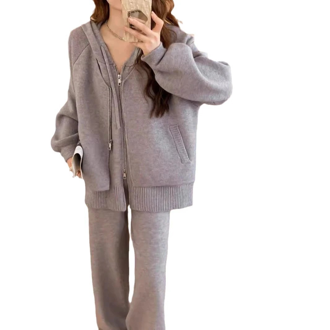 パンツロングパンツファッションカジュアル越境セーターセット女性秋冬ガードル洋気ニットコートワイドパンツ2点セット