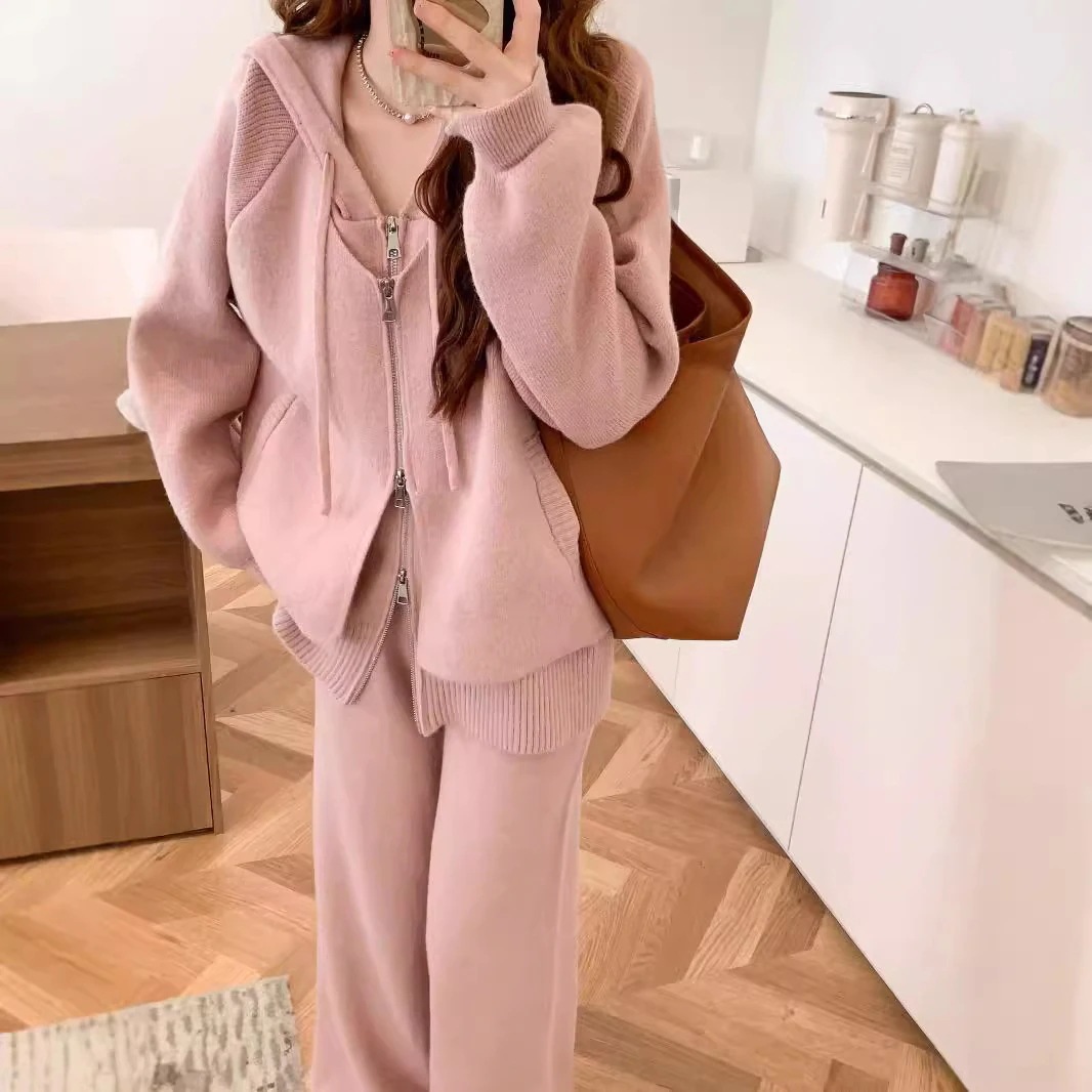 パンツロングパンツファッションカジュアル越境セーターセット女性秋冬ガードル洋気ニットコートワイドパンツ2点セット