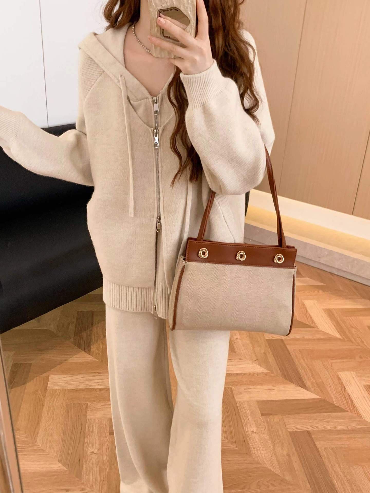 パンツロングパンツファッションカジュアル越境セーターセット女性秋冬ガードル洋気ニットコートワイドパンツ2点セット