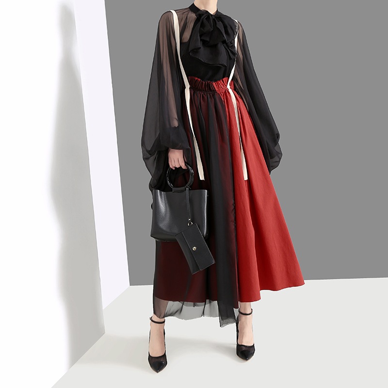 スカート 春夏 きれいめ レディース フレアスカート ロング丈 マキシ マキシ丈 9分丈 アンクル丈 無地 ウエスト ゴム スリット 赤 レッド 大人カラー 春カラー 秋カラー かわいい 大人可愛い