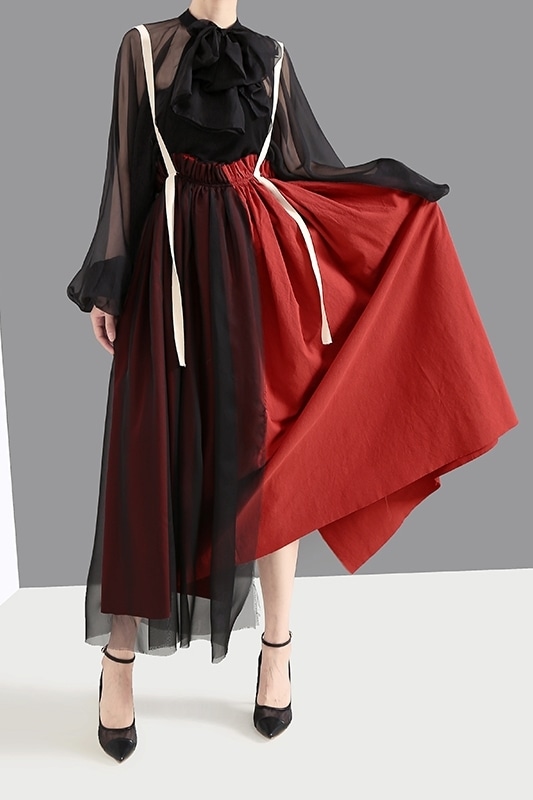 スカート 春夏 きれいめ レディース フレアスカート ロング丈 マキシ マキシ丈 9分丈 アンクル丈 無地 ウエスト ゴム スリット 赤 レッド 大人カラー 春カラー 秋カラー かわいい 大人可愛い