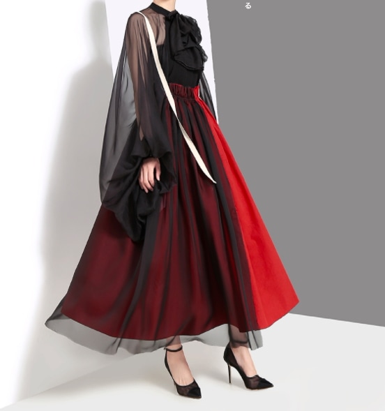 スカート 春夏 きれいめ レディース フレアスカート ロング丈 マキシ マキシ丈 9分丈 アンクル丈 無地 ウエスト ゴム スリット 赤 レッド 大人カラー 春カラー 秋カラー かわいい 大人可愛い