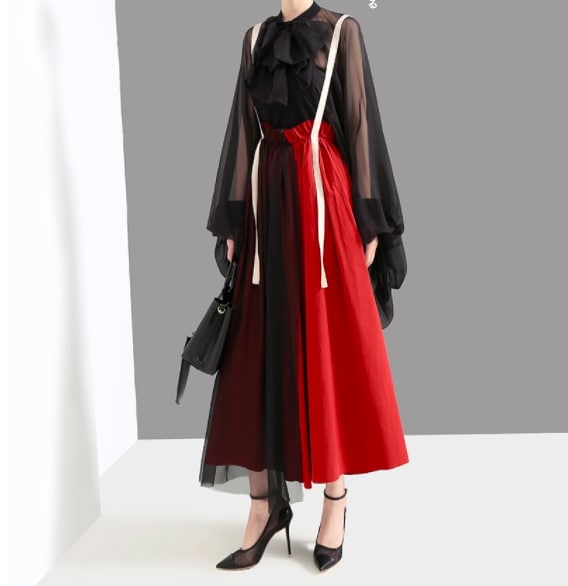 スカート 春夏 きれいめ レディース フレアスカート ロング丈 マキシ マキシ丈 9分丈 アンクル丈 無地 ウエスト ゴム スリット 赤 レッド 大人カラー 春カラー 秋カラー かわいい 大人可愛い