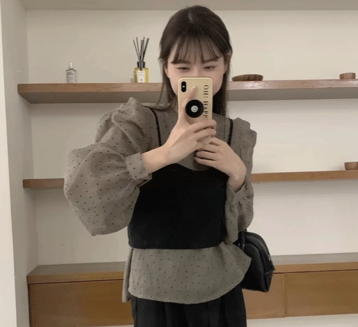 トップス シャツ ブラウス プルオーバー キャミソール ショート丈 袖あり 長袖 ドルマンスリーブ ラウンドネック 襟なし 2点セット かわいい 大人可愛い きれいめ 大人 上品 おしゃれ レトロ