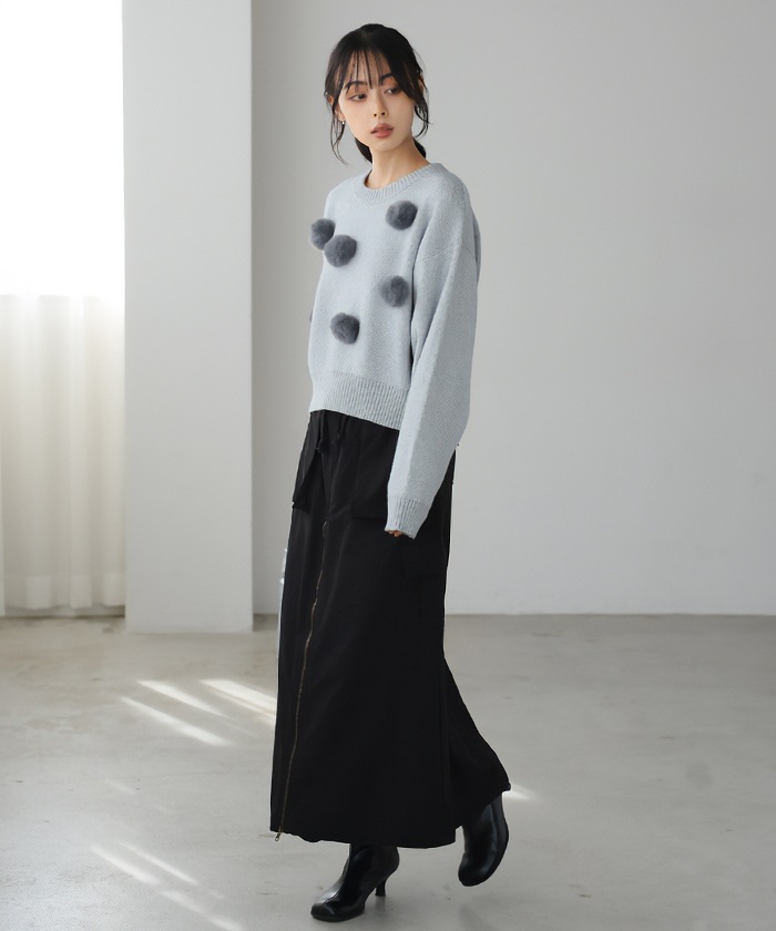 [NEW] ふわふわとしたファーを飾り付け ファーポンポン付きニット 31919 2024冬新作