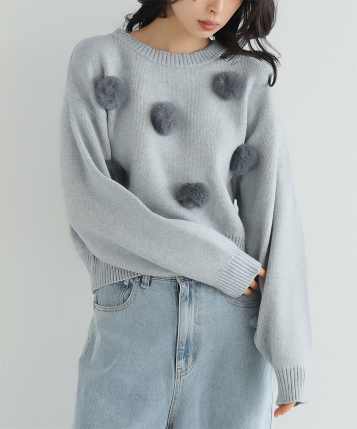 [NEW] ふわふわとしたファーを飾り付け ファーポンポン付きニット 31919 2024冬新作