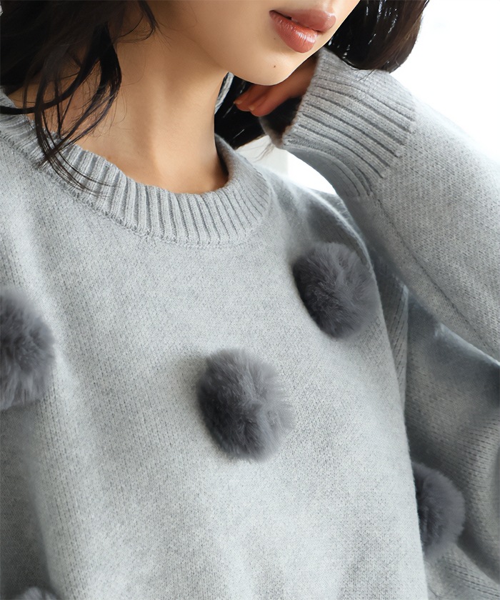 [NEW] ふわふわとしたファーを飾り付け ファーポンポン付きニット 31919 2024冬新作