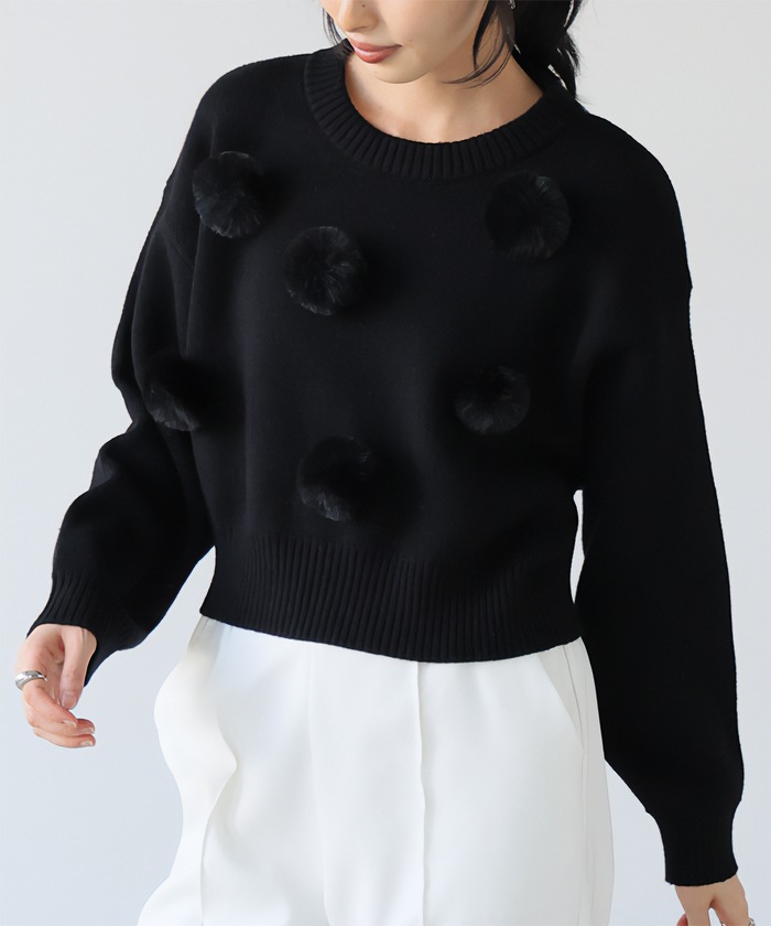 [NEW] ふわふわとしたファーを飾り付け ファーポンポン付きニット 31919 2024冬新作