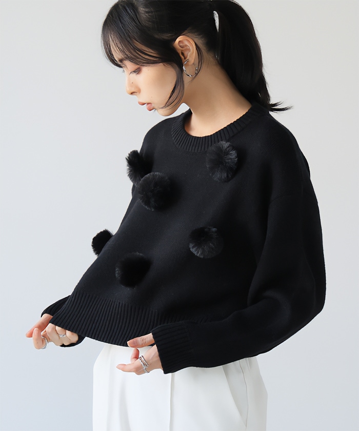 [NEW] ふわふわとしたファーを飾り付け ファーポンポン付きニット 31919 2024冬新作