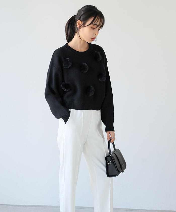 [NEW] ふわふわとしたファーを飾り付け ファーポンポン付きニット 31919 2024冬新作