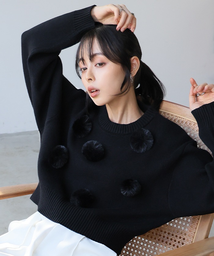 [NEW] ふわふわとしたファーを飾り付け ファーポンポン付きニット 31919 2024冬新作