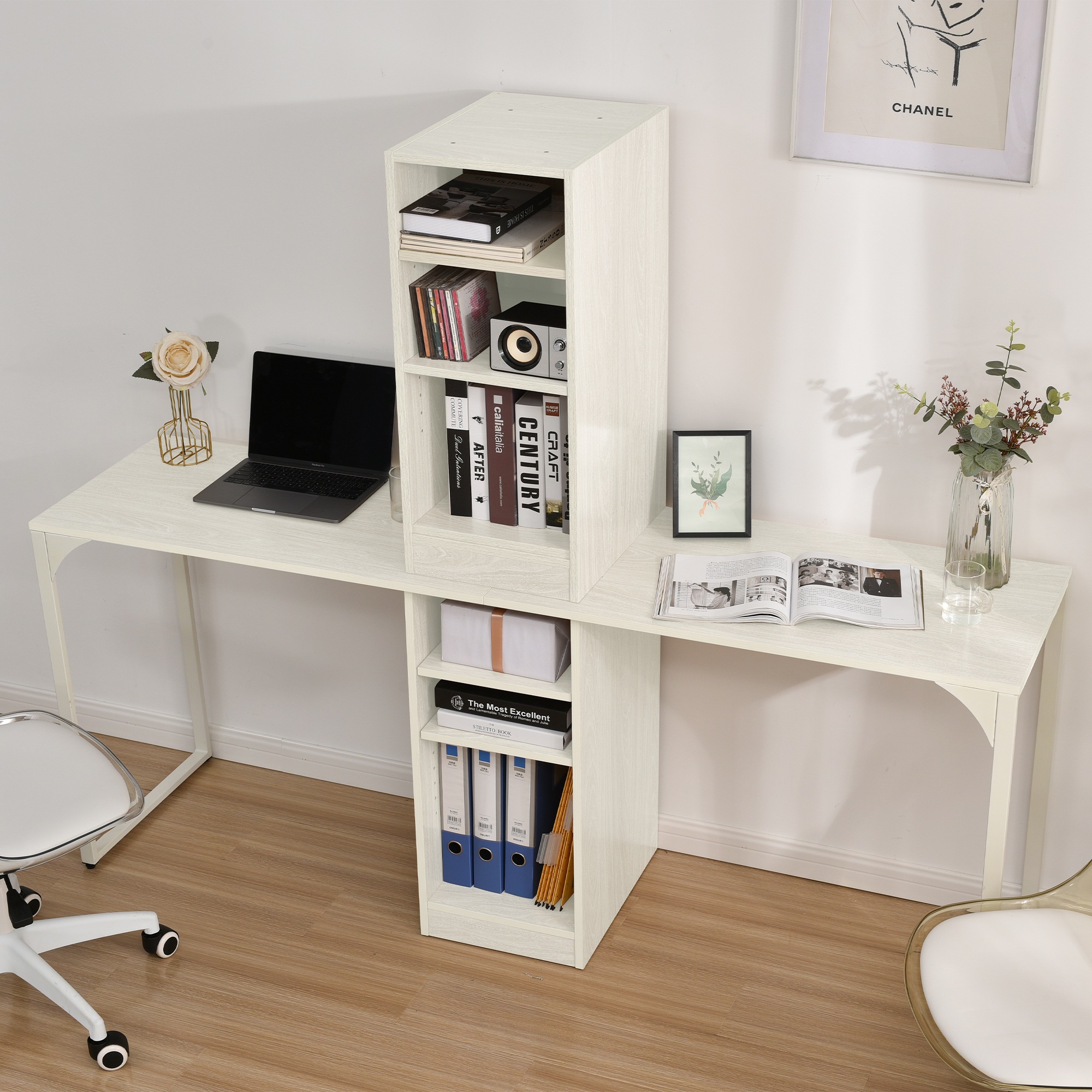 【国内発送,送.料無料】A313【新品登場】　【ホワイト】　パソコンデスク 3段シェルフ付 オフィスデスク 簡易デスク 木製 ミシン台 学習机 アジャスター付き