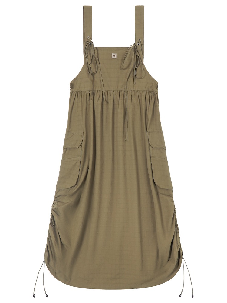 ワンピース ミモレ丈スカート ジャンパースカート ポケット シャーリング ドロストスカート かわいい 大人可愛い きれいめ シンプル 上品 おしゃれ カジュアル こなれ感 個性的 主役級 ラフ