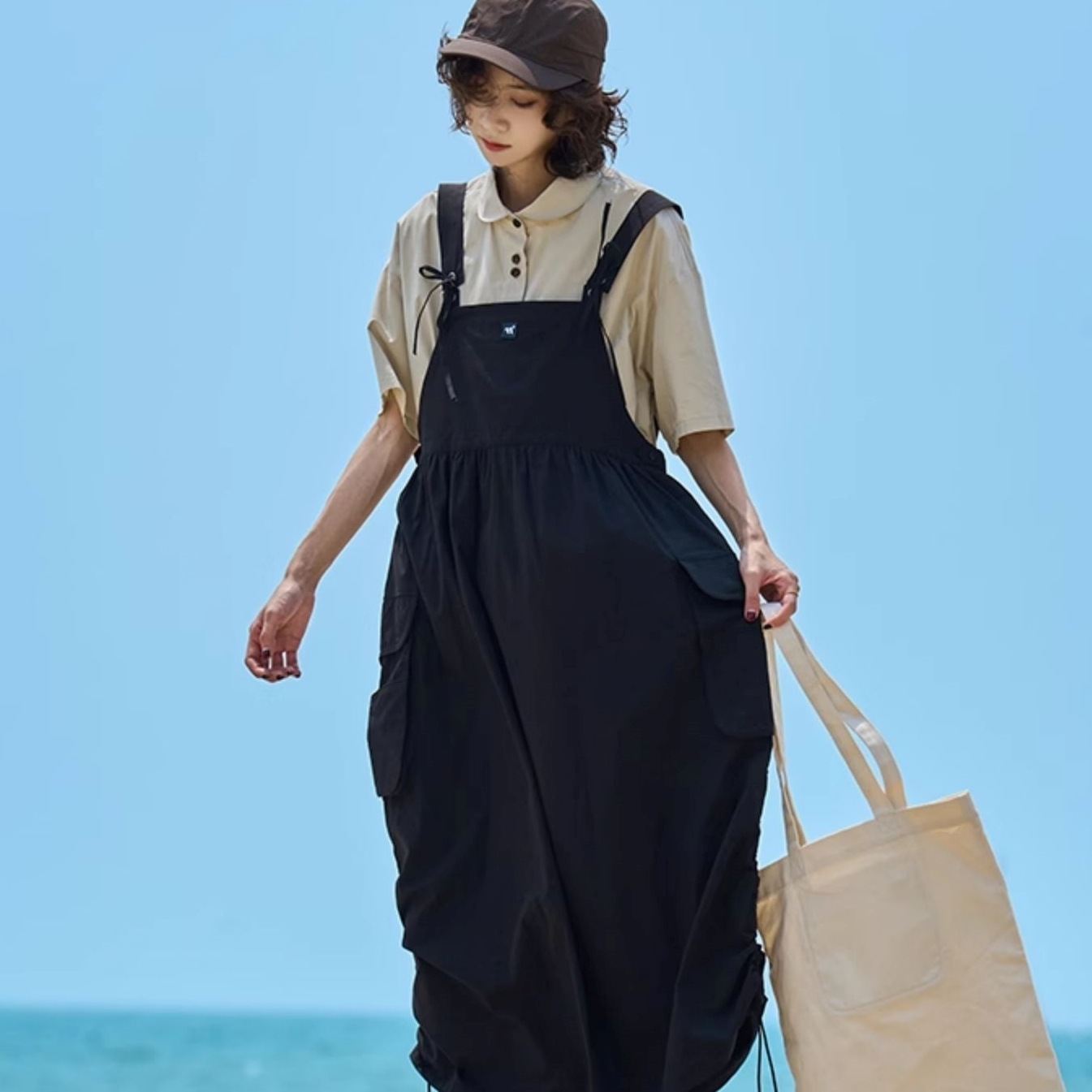 ワンピース ミモレ丈スカート ジャンパースカート ポケット シャーリング ドロストスカート かわいい 大人可愛い きれいめ シンプル 上品 おしゃれ カジュアル こなれ感 個性的 主役級 ラフ