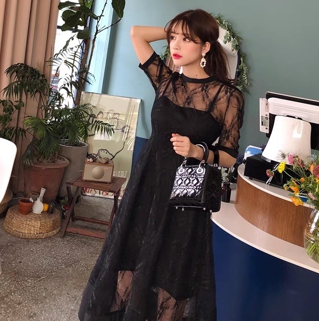 パーティードレス レース チュール 大人可愛い シースルー 韓国 パーティードレス 結婚式 お呼ばれドレス 膝丈 袖あり ラメ