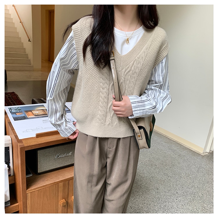 トップス レディース トレーナー ドッキング シャツ 韓国 ニット ストライプ 可愛い ベスト サマー ベスト 春 夏 秋 冬 ベスト おしゃれ ニットベスト 着回し トップス 体型カバー カットソー