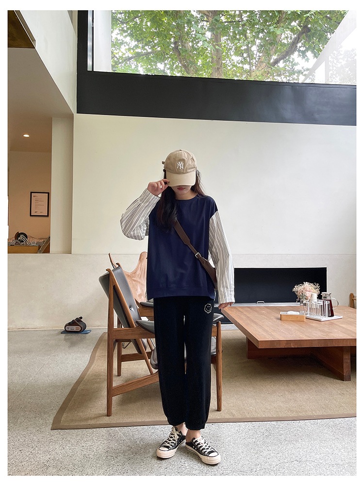 トップス レディース トレーナー ドッキング シャツ 韓国 ニット ストライプ 可愛い ベスト サマー ベスト 春 夏 秋 冬 ベスト おしゃれ ニットベスト 着回し トップス 体型カバー カットソー