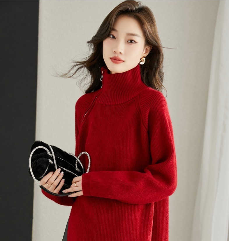 春 外国風 赤い セーター ルーズ 薄い デザイン センス ジッパー スタイル ニット セーター 女性 レッド M L XL XXL トップス セーター 袖あり かわいい 大人可愛い きれいめ