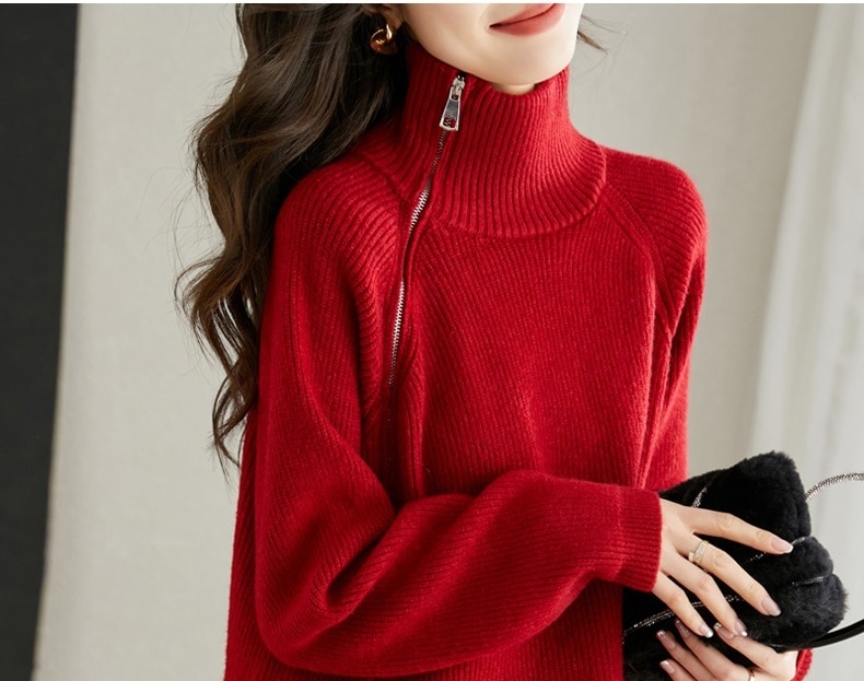 春 外国風 赤い セーター ルーズ 薄い デザイン センス ジッパー スタイル ニット セーター 女性 レッド M L XL XXL トップス セーター 袖あり かわいい 大人可愛い きれいめ