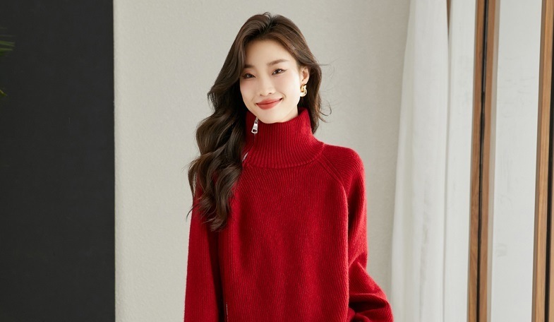 春 外国風 赤い セーター ルーズ 薄い デザイン センス ジッパー スタイル ニット セーター 女性 レッド M L XL XXL トップス セーター 袖あり かわいい 大人可愛い きれいめ