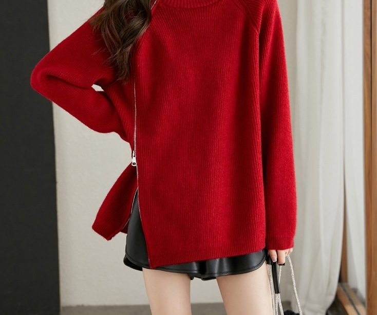 春 外国風 赤い セーター ルーズ 薄い デザイン センス ジッパー スタイル ニット セーター 女性 レッド M L XL XXL トップス セーター 袖あり かわいい 大人可愛い きれいめ