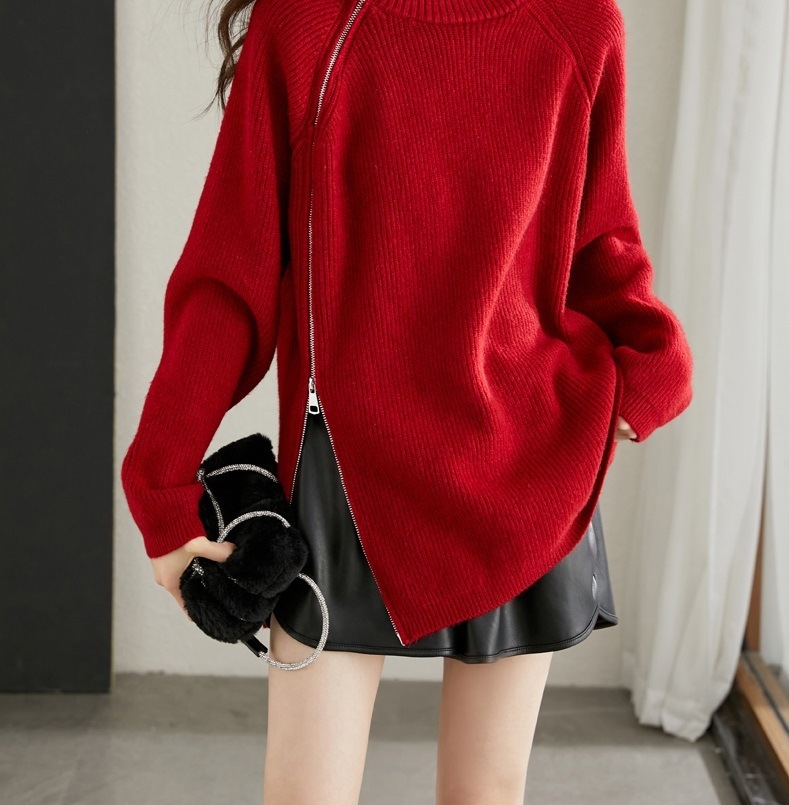 春 外国風 赤い セーター ルーズ 薄い デザイン センス ジッパー スタイル ニット セーター 女性 レッド M L XL XXL トップス セーター 袖あり かわいい 大人可愛い きれいめ