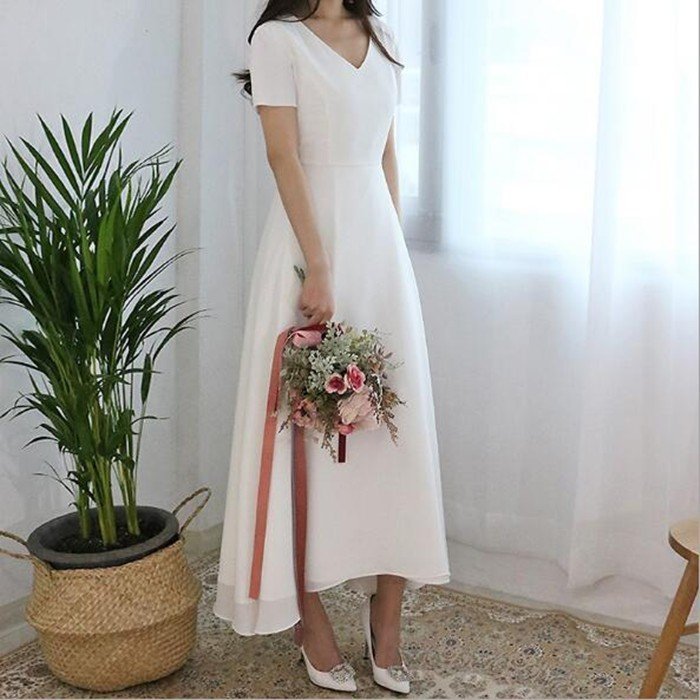 半袖 ミモレ丈 ウェディグドレス 二次会 花嫁 パーティドレス 結婚式 白 ワンピース 演奏会 大きいサイズ 小さいサイズ ドレス 発表会 安い 前撮り