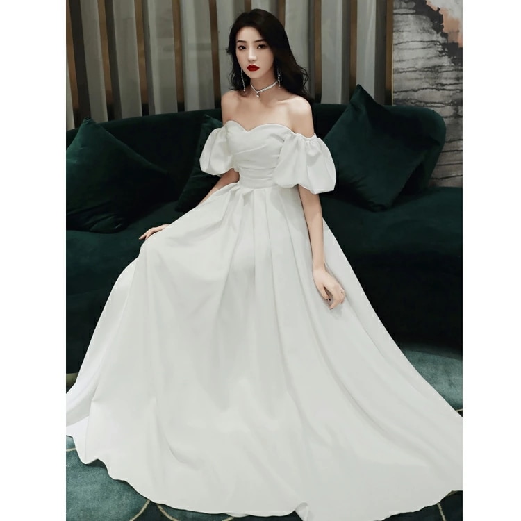 イブニングドレス サテンドレス 白 黒 ワイン赤 発表会ドレス オフショルダー Vネック ロングドレス Aライン パーティードレス ブラック ホワイト ワインレッド 結婚式ドレス 二次会ドレス ミモレ