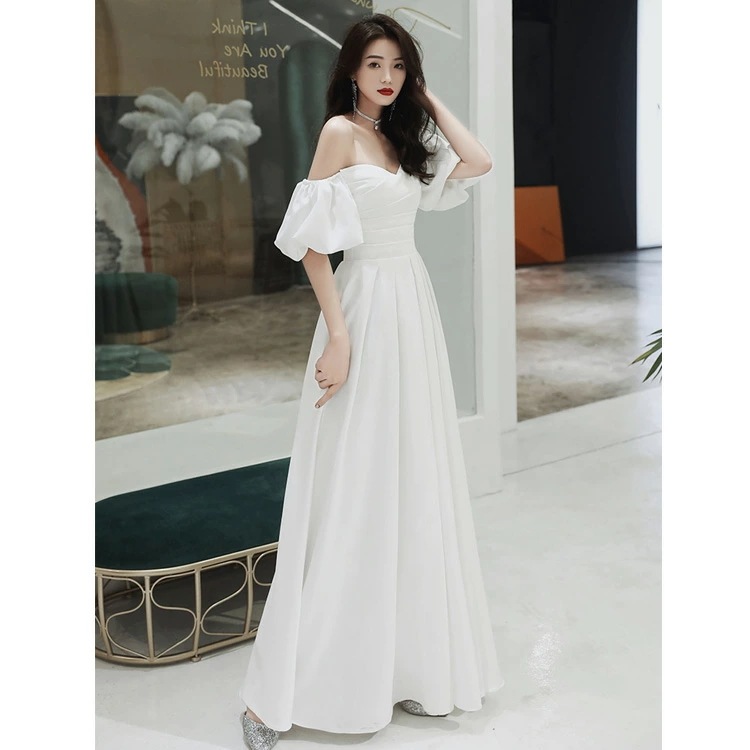 イブニングドレス サテンドレス 白 黒 ワイン赤 発表会ドレス オフショルダー Vネック ロングドレス Aライン パーティードレス ブラック ホワイト ワインレッド 結婚式ドレス 二次会ドレス ミモレ