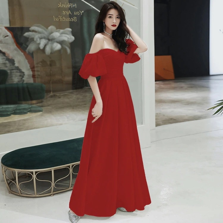 イブニングドレス サテンドレス 白 黒 ワイン赤 発表会ドレス オフショルダー Vネック ロングドレス Aライン パーティードレス ブラック ホワイト ワインレッド 結婚式ドレス 二次会ドレス ミモレ