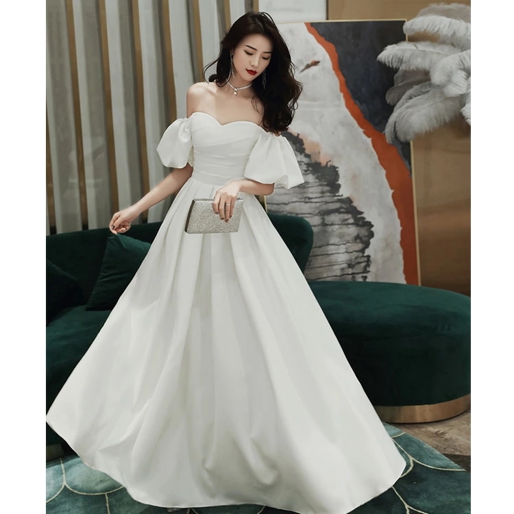 イブニングドレス サテンドレス 白 黒 ワイン赤 発表会ドレス オフショルダー Vネック ロングドレス Aライン パーティードレス ブラック ホワイト ワインレッド 結婚式ドレス 二次会ドレス ミモレ