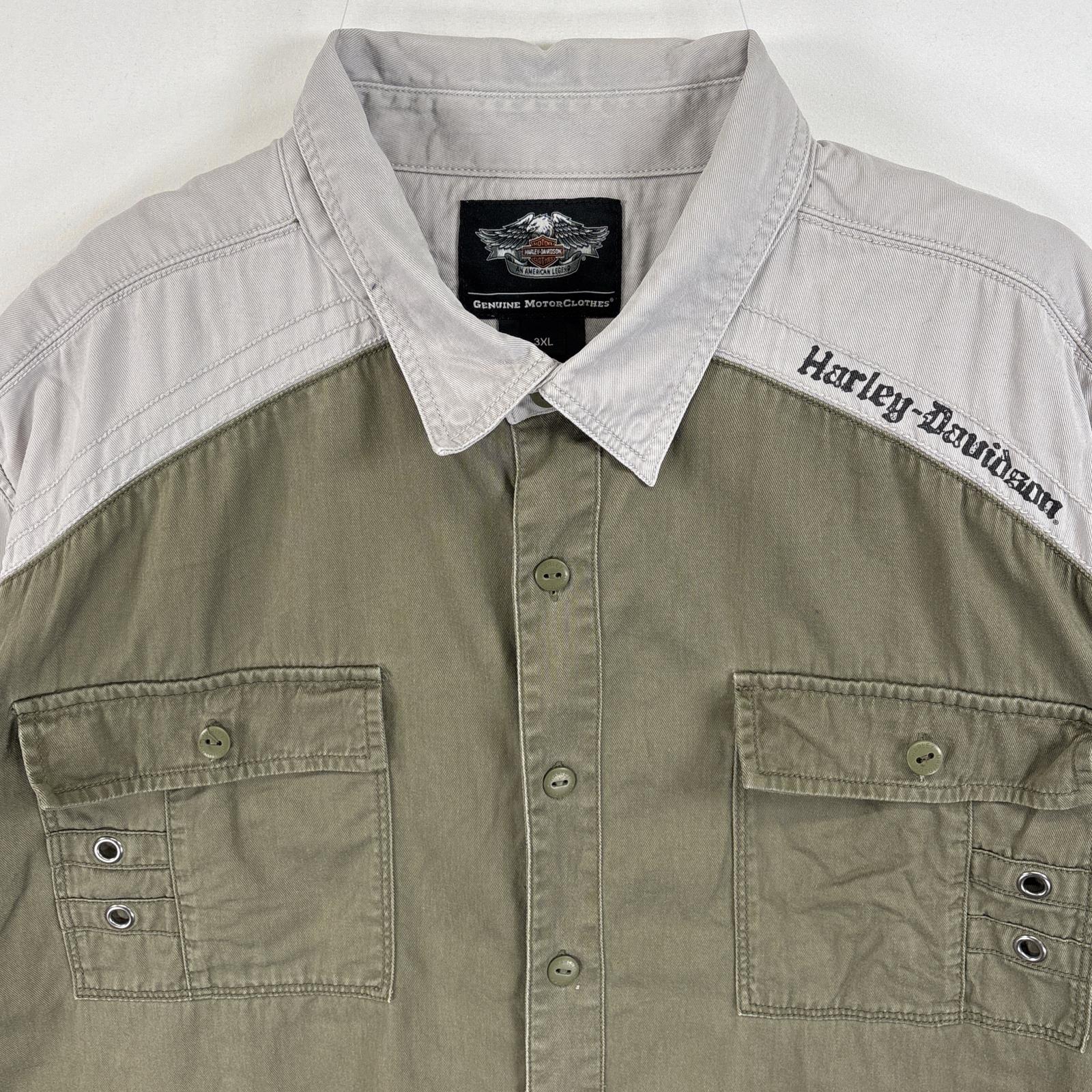 古着 半袖シャツ フラップポケ 両面 ロゴ プリント 厚手 3XL カーキ系 ツートン メンズ