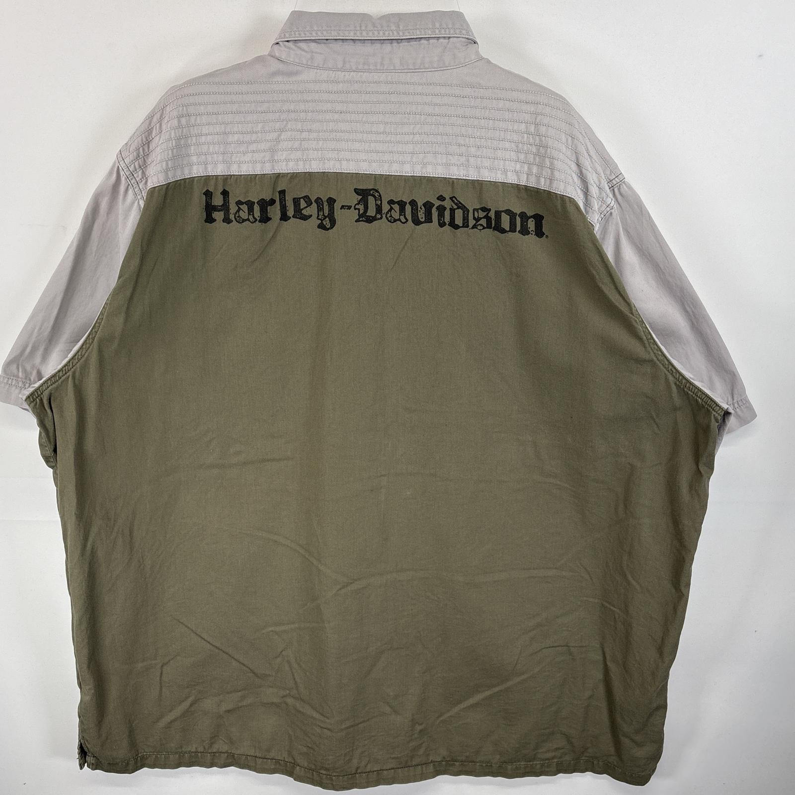 古着 半袖シャツ フラップポケ 両面 ロゴ プリント 厚手 3XL カーキ系 ツートン メンズ
