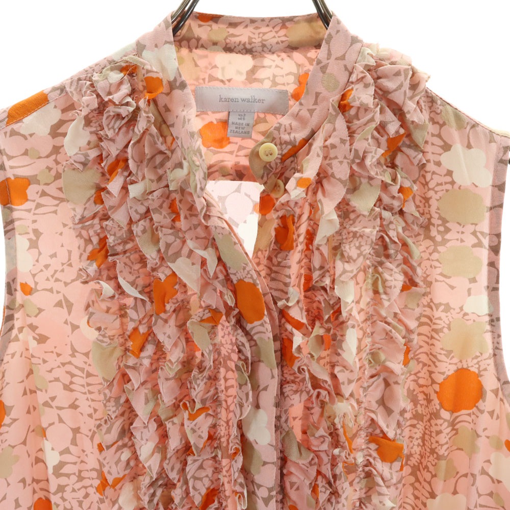 シルク100％ 総柄 ノースリーブ ミニワンピース US2 ピンク系 レディース