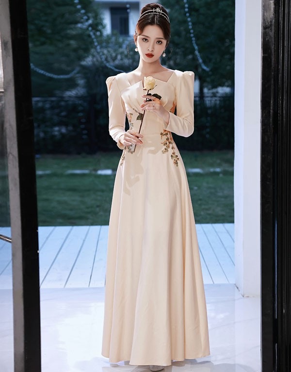 ドレス 大人 ピアノ 発表会 ロングドレス 演奏会 結婚式 母親 ドレス ピアノ発表会 シャンパン 袖付き ワンピース 長袖 演奏会ドレス 演奏会用ドレス パーティードレス イブニングドレス ロング丈