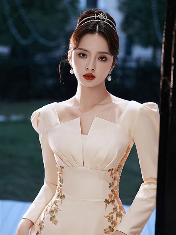 ドレス 大人 ピアノ 発表会 ロングドレス 演奏会 結婚式 母親 ドレス ピアノ発表会 シャンパン 袖付き ワンピース 長袖 演奏会ドレス 演奏会用ドレス パーティードレス イブニングドレス ロング丈