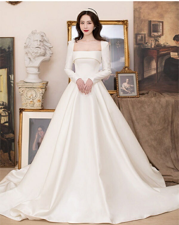 ウェディングドレス 花嫁 長袖 シンプル 白ドレス Vネック ワンピース 花嫁 結婚式 二次会 披露宴 前撮り 後撮り 撮影用 スリムドレス ウェディング Vネック ホワイト XS~2XL