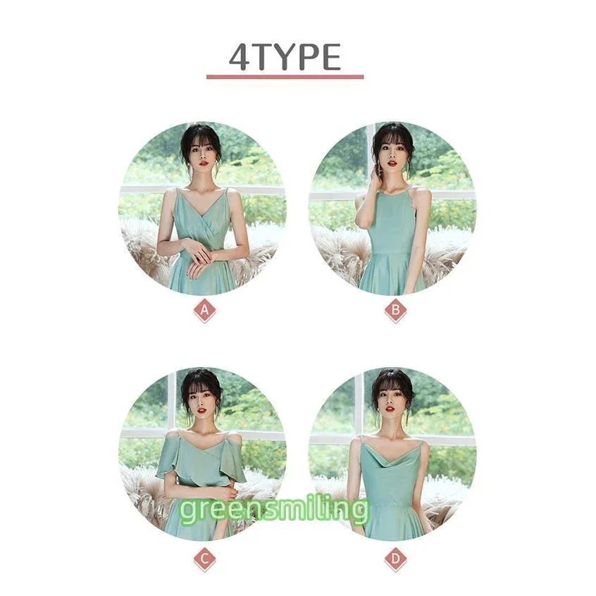 【6月＆イベントセール】ブライズメイド ドレス キャミソールドレス ミモレドレス 4タイプ 演奏会 袖あり 半袖 ノースリーブ 肩出し Vネック グリーン30%OFF安い