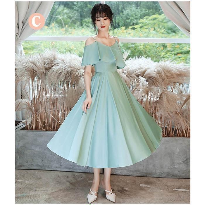 【6月＆イベントセール】ブライズメイド ドレス キャミソールドレス ミモレドレス 4タイプ 演奏会 袖あり 半袖 ノースリーブ 肩出し Vネック グリーン30%OFF安い