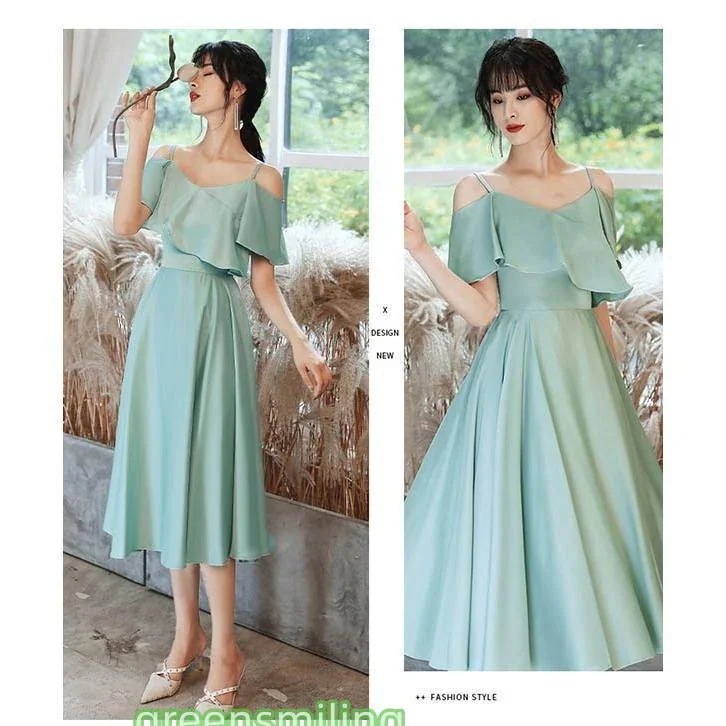 【6月＆イベントセール】ブライズメイド ドレス キャミソールドレス ミモレドレス 4タイプ 演奏会 袖あり 半袖 ノースリーブ 肩出し Vネック グリーン30%OFF安い