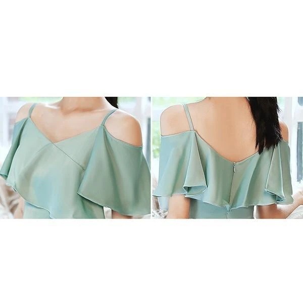 【6月＆イベントセール】ブライズメイド ドレス キャミソールドレス ミモレドレス 4タイプ 演奏会 袖あり 半袖 ノースリーブ 肩出し Vネック グリーン30%OFF安い