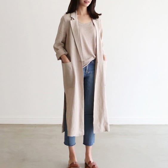 テーラードジャケット アウター 上着 ロングジャケット 膝下丈 チュニック丈 ミモレ丈 ロング丈 無地 襟付き シングルブレスト スリット入り 体型カバー 可愛い かわいい きれいめ 大人 lout0