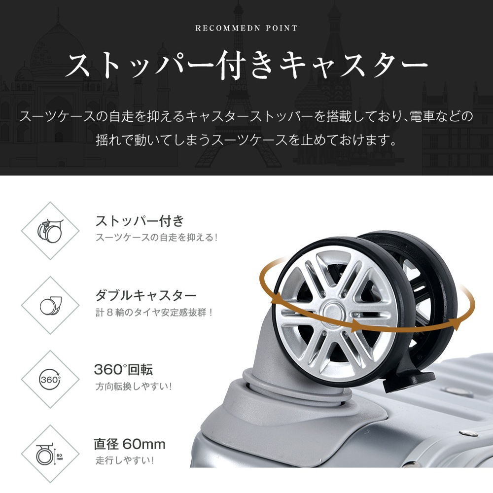 スーツケース Mサイズ アルミ ストッパー付き USBポート カップホルダー キャリーケース キャリーバッグ アルミフレーム 3日~7日 大容量 超軽量 軽い おしゃれ かわいいダブルキャスター 中型