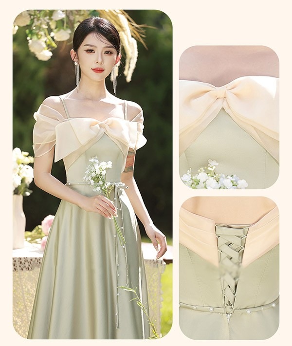 ブライズメイド ドレス ロング丈 グリーン サテンドレス 袖付き 二次会 大きいサイズ 結婚式 体型カバー 半袖 フリル オフショルダー 謝恩会 二次会 卒業式 花嫁 ピアノ 発表会 ドレス 演奏会