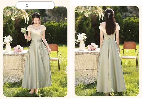 ブライズメイド ドレス ロング丈 グリーン サテンドレス 袖付き 二次会 大きいサイズ 結婚式 体型カバー 半袖 フリル オフショルダー 謝恩会 二次会 卒業式 花嫁 ピアノ 発表会 ドレス 演奏会