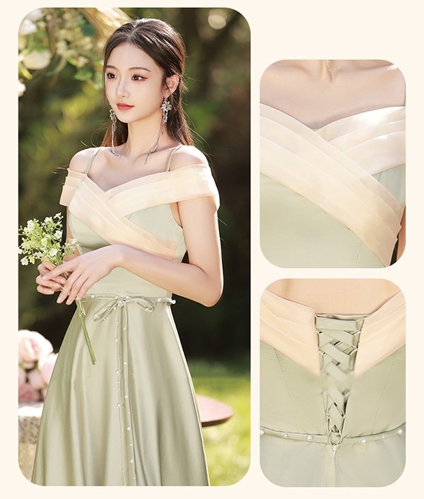 ブライズメイド ドレス ロング丈 グリーン サテンドレス 袖付き 二次会 大きいサイズ 結婚式 体型カバー 半袖 フリル オフショルダー 謝恩会 二次会 卒業式 花嫁 ピアノ 発表会 ドレス 演奏会